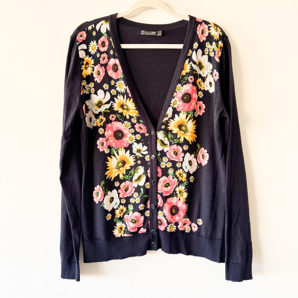 7th Avenue Design Studio Navy Cardigan Sweater with Floral Design Size XL